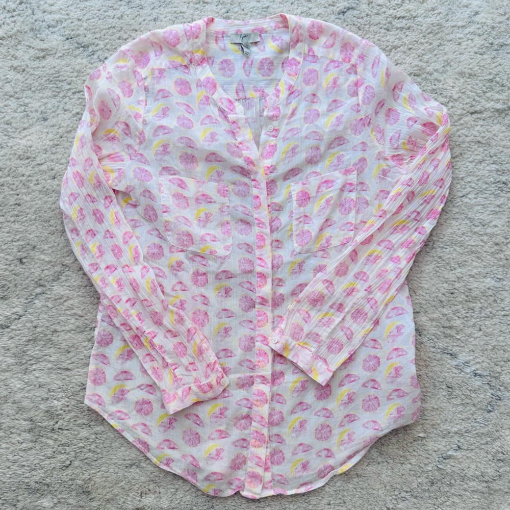 Joie Pink and Yellow Citrus Print Long-Sleeve Button Down Blouse